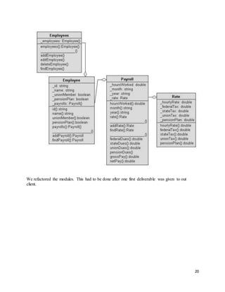 20 
We refactored the modules. This had to be done after one first deliverable was given to out 
client. 
 