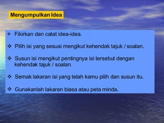 Mengumpulkan Idea Fikirkan dan catat idea-idea. Pilih isi yang sesuai mengikut kehendak tajuk / soalan. Susun isi mengikut pentingnya isi tersebut dengan  kehendak tajuk / soalan. Semak lakaran isi yang telah kamu pilih dan susun itu. Gunakanlah lakaran biasa atau peta minda . 