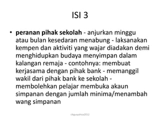 ISI 3
• peranan pihak sekolah - anjurkan minggu
  atau bulan kesedaran menabung - laksanakan
  kempen dan aktiviti yang wajar diadakan demi
  menghidupkan budaya menyimpan dalam
  kalangan remaja - contohnya: membuat
  kerjasama dengan pihak bank - memanggil
  wakil dari pihak bank ke sekolah -
  membolehkan pelajar membuka akaun
  simpanan dengan jumlah minima/menambah
  wang simpanan
                    cikgusyahiza2012
 