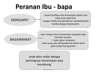 Peranan Ibu - bapa
                    • pupuk budaya suka menyimpan dalam jiwa
                                anak-anak sejak kecil
MENGAPA?          • jangan terlalu ikut kemahuan mereka/limpahi
                            mereka dengan kemewahan



                • ajar remaja untuk menyimpan wang jika ingin
                                 membeli sesuatu
BAGAIMANA?                  • - buka akaun simpanan
                  • baki wang saku dimasukkan ke dalam bank
                           pada setiap hujung bulan



         anak akan sedar betapa
       pentingnya menyimpan atau
               menabung`
                  cikgusyahiza2012
 
