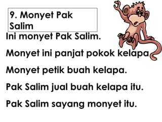 9. Monyet Pak
Salim
Ini monyet Pak Salim.
Monyet ini panjat pokok kelapa.
Monyet petik buah kelapa.
Pak Salim jual buah kelapa itu.
Pak Salim sayang monyet itu.

 