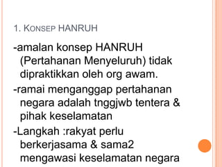 1. KONSEP HANRUH

-amalan konsep HANRUH
  (Pertahanan Menyeluruh) tidak
  dipraktikkan oleh org awam.
-ramai menganggap pertahanan
  negara adalah tnggjwb tentera &
  pihak keselamatan
-Langkah :rakyat perlu
  berkerjasama & sama2
  mengawasi keselamatan negara
 