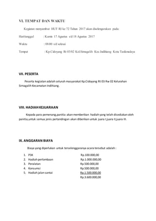 VI. TEMPAT DAN WAKTU
Kegiatan menyambut HUT RI ke 72 Tahun 2017 akan diselengarakan pada:
Hari/tanggal : Kamis 17 Agustus s/d 18 Agustus 2017
Waktu : 08:00 s/d selesai
Tempat : Kp.Cidoyang Rt 03/02 Kel.Sirnagalih Kec.Indihiang Kota Tasikmalaya
VII. PESERTA
Peserta kegiatan adalah seluruh masyarakat Kp.Cidoyang Rt 03 Rw 02 Kelurahan
Sirnagalih Kecamatan Indihiang.
VIII. HADIAH KEJUARAAN
Kepada para pemenang,panitia akan memberikan hadiah yang telah disediakan oleh
panitia,untuk semua jenis pertandingan akan diberikan untuk juara I,juara II,juara III.
IX. ANGGARAN BIAYA
Biaya yang diperlukan untuk terselenggaranya acara tersebut adalah :
1. P3K Rp.100.000,00
2. Hadiah perlombaan Rp.1.000.000,00
3. Peralatan Rp.500.000,00
4. Konsumsi Rp.500.000,00
5. Hadiah jalan santai Rp.1.500.000,00
Rp.3.600.000,00
 