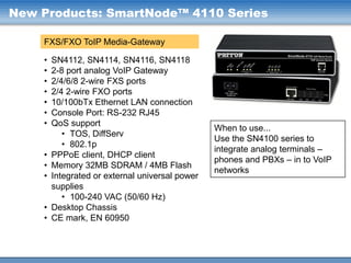New Products: SmartNode™ 4110 Series
FXS/FXO ToIP Media-Gateway
•
•
•
•
•
•
•
•
•
•
•
•

SN4112, SN4114, SN4116, SN4118
2-8 port analog VoIP Gateway
2/4/6/8 2-wire FXS ports
2/4 2-wire FXO ports
10/100bTx Ethernet LAN connection
Console Port: RS-232 RJ45
QoS support
• TOS, DiffServ
• 802.1p
PPPoE client, DHCP client
Memory 32MB SDRAM / 4MB Flash
Integrated or external universal power
supplies
• 100-240 VAC (50/60 Hz)
Desktop Chassis
CE mark, EN 60950

When to use...
Use the SN4100 series to
integrate analog terminals –
phones and PBXs – in to VoIP
networks

 