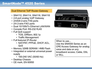 SmartNode™ 4520 Series
Dual Ethernet ToIP Router-Gateway
•
•
•
•
•
•
•
•
•
•

•
•

SN4112, SN4114, SN4116, SN4118
2-8 port analog VoIP Gateway
2/4/6/8 2-wire FXS ports
2/4 2-wire FXO ports
Dual 10/100bTx Ethernet LAN/WAN
Console Port: RS-232 RJ45
Full QoS support
• TOS, DiffServ, 802.1p
• Traffic Management
Full featured IP-Router
• NAT/PAT, PPPoE, DHCP, ACL,
QoS
Memory 32MB SDRAM / 4MB Flash
Integrated or external universal power
supply
• 100-240 VAC (50/60 Hz)
Desktop Chassis
CE mark, EN 60950

When to use...
Use the SN4500 Series as an
CPE Access Gateway for analog
voice and data on any
broadband access; Cable, DSL
or WLL

 