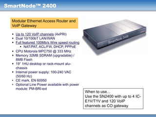 SmartNode™ 2400
Modular Ethernet Access Router and
VoIP Gateway
 Up to 120 VoIP channels (4xPRI)
 Dual 10/100bT LAN/WAN
 Full featured 100Mb/s Wire speed routing
 NAT/PAT, ACL/FW, DHCP, PPPoE
 CPU Motorola MPC750 @ 333 MHz
 Memory 32MB SDRAM (upgradable) /
8MB Flash
 19” 1HU desktop or rack-mount aluchassis
 Internal power supply: 100-240 VAC
(50/60 Hz)
• CE mark, EN 60950
• Optional Line Power available with power
module: PM-BRI-ext

When to use...
Use the SN2400 with up to 4 ICE1V/T1V and 120 VoIP
channels as CO gateway

 