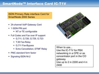 SmartNode™ Interface Card IC-T1V
ISDN Primary Rate interface Card for
SmartNode 2000 Series
 24-channel VoIP Gateway Card
 1 ISDN PRI port
 NT or TE configurable
 Full Codec and Fax over IP support
 G.711, G.726, G.729, G.723
 T.38 Fax-Relay
 G.711 Fax-Bypass
 Echo Cancellation, DTMF Relay
 PMC standard form factor
 Signaling ISDN NI-2

When to use...
Use the IC-T1V for PBX
networking in a CPE or as
concentrator port in the CO
gateway.
Use up to 2 in 2300 and 4 in
2400

 