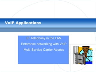 VoIP Applications

IP Telephony in the LAN
Enterprise networking with VoIP

Multi-Service Carrier Access

 