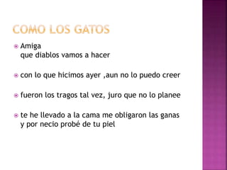  Amiga 
que diablos vamos a hacer 
 con lo que hicimos ayer ,aun no lo puedo creer 
 fueron los tragos tal vez, juro que no lo planee 
 te he llevado a la cama me obligaron las ganas 
y por necio probé de tu piel 
 