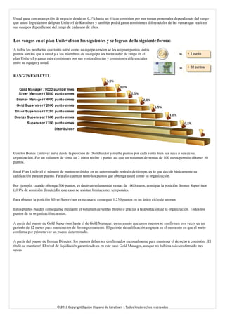 Usted gana con esta opción de negocio desde un 0,5% hasta un 6% de comisión por sus ventas personales dependiendo del rango que usted logre dentro del plan Unilevel de Karatbars y también podrá ganar comisiones diferenciales de las ventas que realicen sus equipos dependiendo del rango de cada uno de ellos. 
Los rangos en el plan Unilevel son los siguientes y se logran de la siguiente forma: 
A todos los productos que tanto usted como su equipo venden se les asignan puntos, estos puntos son los que a usted y a los miembros de su equipo les harán subir de rango en el plan Unilevel y ganar más comisiones por sus ventas directas y comisiones diferenciales entre su equipo y usted. 
RANGOS UNILEVEL 
Con los Bonos Unilevel parte desde la posición de Distribuidor y recibe puntos por cada venta bien sea suya o sea de su organización. Por un volumen de venta de 2 euros recibe 1 punto, así que un volumen de ventas de 100 euros permite obtener 50 puntos. 
En el Plan Unilevel el número de puntos recibidos en un determinado periodo de tiempo, es lo que decide básicamente su calificación para un puesto. Para ello cuentan tanto los puntos que obtenga usted como su organización. 
Por ejemplo, cuando obtenga 500 puntos, es decir un volumen de ventas de 1000 euros, consigue la posición Bronze Supervisor (el 1% de comisión directa).En este caso no existen limitaciones temporales. 
Para obtener la posición Silver Supervisor es necesario conseguir 1.250 puntos en un único ciclo de un mes. 
Estos puntos pueden conseguirse mediante el volumen de ventas propio o gracias a la aportación de la organización. Todos los puntos de su organización cuentan. 
A partir del puesto de Gold Supervisor hasta el de Gold Manager, es necesario que estos puestos se confirmen tres veces en un periodo de 12 meses para mantenerlos de forma permanente. El periodo de calificación empieza en el momento en que el socio confirma por primera vez un puesto determinado. 
A partir del puesto de Bronze Director, los puestos deben ser confirmados mensualmente para mantener el derecho a comisión. ¡El título se mantiene! El nivel de liquidación garantizado es en este caso Gold Manager, aunque no hubiera sido confirmado tres veces. 
© 2013 Copyright Equipo Hispano de Karatbars – Todos los derechos reservados 
 