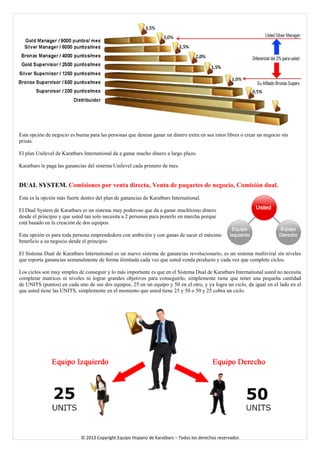 Esta opción de negocio es buena para las personas que desean ganar un dinero extra en sus ratos libres o crear un negocio sin prisas. 
El plan Unilevel de Karatbars International da a ganar mucho dinero a largo plazo. 
Karatbars le paga las ganancias del sistema Unilevel cada primero de mes. 
DUAL SYSTEM. Comisiones por venta directa, Venta de paquetes de negocio, Comisión dual. 
Esta es la opción más fuerte dentro del plan de ganancias de Karatbars International. 
El Dual System de Karatbars es un sistema muy poderoso que da a ganar muchísimo dinero desde el principio y que usted tan solo necesita a 2 personas para ponerlo en marcha porque está basado en la creación de dos equipos. 
Esta opción es para toda persona emprendedora con ambición y con ganas de sacar el máximo beneficio a su negocio desde el principio. 
El Sistema Dual de Karatbars International es un nuevo sistema de ganancias revolucionario, es un sistema multiviral sin niveles que reporta ganancias semanalmente de forma ilimitada cada vez que usted venda producto y cada vez que complete ciclos. 
Los ciclos son muy simples de conseguir y lo más importante es que en el Sistema Dual de Karatbars International usted no necesita completar matrices ni niveles ni lograr grandes objetivos para conseguirlo, simplemente tiene que tener una pequeña cantidad de UNITS (puntos) en cada uno de sus dos equipos, 25 en un equipo y 50 en el otro, y ya logra un ciclo, da igual en el lado en el que usted tiene las UNITS, simplemente en el momento que usted tiene 25 y 50 o 50 y 25 cobra un ciclo. 
© 2013 Copyright Equipo Hispano de Karatbars – Todos los derechos reservados 
 