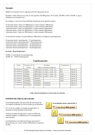 Ejemplo: 
Nivel 1: en el primer nivel se ingresan 0,20 € de cada gramo de oro. 
Karatbars vende 250 kg en un ciclo, lo cual significa 250.000 gramos. Por lo tanto, 250.000 x 0,20 €, 50.000,- €, que se distribuyen en el primer nivel. 
Por ejemplo, a este nivel se han calificado 50 personas de la siguiente manera: 
25 personas tienen 1 línea con 5000 puntos y ventas restantes 1000 puntos 
10 personas tienen 1 línea con 5000 puntos y ventas restantes 2000 puntos 
7 personas tienen 1 línea con 5000 puntos y ventas restantes 3000 puntos 
5 personas tienen 1 línea con 5000 puntos y ventas restantes 4000 puntos. 
2 personas tienen 1 línea con 5000 puntos y ventas restantes 5000 puntos. 
El movimiento restante o la parte débil por 1000 puntos se traducen en participaciones. 
25 personas tienen 1 participación = 25 participaciones 
10 personas tienen 2 participaciones = 20 participaciones 
7 personas tienen 3 participaciones = 21 participaciones 
5 personas tienen 4 participaciones = 20 participaciones 
2 personas tienen5 participaciones = 10 participaciones 
En total = 96 participaciones 
50.000,- € se divide por las participaciones 
50.000: 96 = 520,83 €/participación 
Cada venta de productos se trata como un contrato. 
FONDOS DE ORO KARATBARS 
Usted también puede sacar provecho del movimiento de oro mundial recibiendo oro de los fondos de oro Karatbars. 
El 1 % de oro vendido en compras de pago único se transfiere al fondo Karatbars Gold Fonds. 
Todas las compras de pago único a partir de 500 € del mercado mundial se contabilizan en el correspondiente ciclo mensual. 
Los beneficiarios son todas las personas que posean 3 líneas directas con –por lo menos- 9000 puntos en cada una de ellas. © 2013 Copyright Equipo Hispano de Karatbars – Todos los derechos reservados 
 