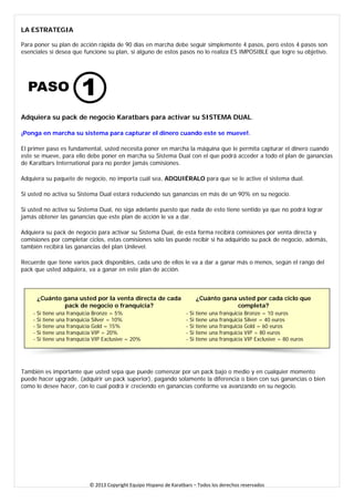 LA ESTRATEGIA Para poner su plan de acción rápida de 90 días en marcha debe seguir simplemente 4 pasos, pero estos 4 pasos son esenciales si desea que funcione su plan, si alguno de estos pasos no lo realiza ES IMPOSIBLE que logre su objetivo. 
Adquiera su pack de negocio Karatbars para activar su SISTEMA DUAL. 
¡Ponga en marcha su sistema para capturar el dinero cuando este se mueve!. 
El primer paso es fundamental, usted necesita poner en marcha la máquina que le permita capturar el dinero cuando este se mueve, para ello debe poner en marcha su Sistema Dual con el que podrá acceder a todo el plan de ganancias de Karatbars International para no perder jamás comisiones. 
Adquiera su paquete de negocio, no importa cuál sea, ADQUIÉRALO para que se le active el sistema dual. 
Si usted no activa su Sistema Dual estará reduciendo sus ganancias en más de un 90% en su negocio. 
Si usted no activa su Sistema Dual, no siga adelante puesto que nada de esto tiene sentido ya que no podrá lograr jamás obtener las ganancias que este plan de acción le va a dar. 
Adquiera su pack de negocio para activar su Sistema Dual, de esta forma recibirá comisiones por venta directa y comisiones por completar ciclos, estas comisiones solo las puede recibir si ha adquirido su pack de negocio, además, también recibirá las ganancias del plan Unilevel. 
Recuerde que tiene varios pack disponibles, cada uno de ellos le va a dar a ganar más o menos, según el rango del pack que usted adquiera, va a ganar en este plan de acción. 
¿Cuánto gana usted por la venta directa de cada pack de negocio o franquicia? 
¿Cuánto gana usted por cada ciclo que completa? 
- Si tiene una franquicia Bronze = 5% 
- Si tiene una franquicia Silver = 10% 
- Si tiene una franquicia Gold = 15% 
- Si tiene una franquicia VIP = 20% 
- Si tiene una franquicia VIP Exclusive = 20% 
- Si tiene una franquicia Bronze = 10 euros 
- Si tiene una franquicia Silver = 40 euros 
- Si tiene una franquicia Gold = 60 euros 
- Si tiene una franquicia VIP = 80 euros 
- Si tiene una franquicia VIP Exclusive = 80 euros 
También es importante que usted sepa que puede comenzar por un pack bajo o medio y en cualquier momento puede hacer upgrade, (adquirir un pack superior), pagando solamente la diferencia o bien con sus ganancias o bien como lo desee hacer, con lo cual podrá ir creciendo en ganancias conforme va avanzando en su negocio. 
© 2013 Copyright Equipo Hispano de Karatbars – Todos los derechos reservados 
 