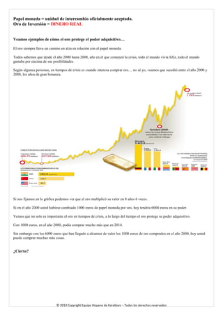 Papel moneda = unidad de intercambio oficialmente aceptada. 
Oro de Inversión = DINERO REAL 
Veamos ejemplos de cómo el oro protege el poder adquisitivo… 
El oro siempre lleva un camino en alza en relación con el papel moneda. 
Todos sabemos que desde el año 2000 hasta 2008, año en el que comenzó la crisis, todo el mundo vivía feliz, todo el mundo gastaba por encima de sus posibilidades. 
Según algunas personas, en tiempos de crisis es cuando interesa comprar oro… no sé yo, veamos que sucedió entre el año 2000 y 2008, los años de gran bonanza. 
Si nos fijamos en la gráfica podemos ver que el oro multiplicó su valor en 8 años 6 veces. 
Si en el año 2000 usted hubiese cambiado 1000 euros de papel moneda por oro, hoy tendría 6000 euros en su poder. 
Vemos que no solo es importante el oro en tiempos de crisis, a lo largo del tiempo el oro protege su poder adquisitivo. 
Con 1000 euros, en el año 2000, podía comprar mucho más que en 2014. 
Sin embargo con los 6000 euros que han llegado a alcanzar de valor los 1000 euros de oro comprados en el año 2000, hoy usted puede comprar muchas más cosas. 
¿Cierto? 
© 2013 Copyright Equipo Hispano de Karatbars – Todos los derechos reservados 
 