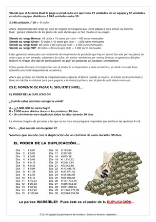 Viendo que el Sistema Dual le paga a usted cada vez que tiene 25 unidades en un equipo y 50 unidades en el otro equipo, dividimos 2.048 unidades entre 50. 
2.048 unidades / 50 = 40 ciclos 
Ahora, dependiendo del rango de pack de negocio o franquicia que usted adquiera para activar su Sistema Dual, ganará solamente de los planes de auto ahorro que se han creado en su equipo: 
Siendo su rango Bronze: 40 ciclos x 10 euros por ciclo = 400 euros mensuales Siendo su rango Silver: 40 ciclos x 40 euros por ciclo = 1.600 euros mensuales Siendo su rango Gold: 40 ciclos x 60 euros por ciclo = 2.400 euros mensuales Siendo su rango VIP: 40 ciclos x 80 euros por ciclo = 3.200 euros mensuales 
Estas ganancias mensuales son solamente del movimiento de producto que hay en su red tan solo por los planes de ahorro que se van creando, solamente de ciclos, sin contar comisiones por ventas directas, ni ganancias del plan Unilevel ni ningún otro tipo de bonificaciones del plan de ganancias de Karatbars International. 
Como puede observar el compromiso con el producto es importante a nivel económico, si usted crea esta base obtendrá una total independencia económica. 
Ahora que ya tiene en marcha la maquinaria para capturar el dinero cuando se mueve, al activar su Sistema Dual y tiene en marcha su sistema para para pagarse a sí mismo/a primero con el plan de auto ahorro mensual... 
ES EL MOMENTO DE PASAR AL SIGUIENTE NIVEL... 
EL PODER DE LA DUPLICACIÓN 
¿Cuál de estas opciones escogería usted? 
A.- ¡¡¡1.000.000 de euros hoy!!! 
B.- 5.000 euros diarios durante los próximos 30 días. 
C.- Un céntimo de euro duplicado todos los días durante 30 días. 
La inmensa mayoría de personas a las que se les hace esta pregunta responden que prefieren las opciones A o B. 
Pero... ¿Qué sucede con la opción C? 
Veamos que sucede con la duplicación de un céntimo de euro durante 30 días: 
© 2013 Copyright Equipo Hispano de Karatbars – Todos los derechos reservados 
 