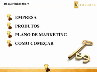 Do que vamos falar?
EMPRESA
PRODUTOS
COMO COMEÇAR
PLANO DE MARKETING
 
