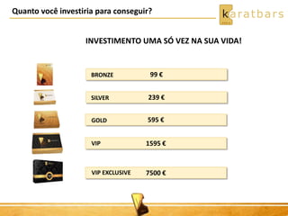 Quanto você investiria para conseguir?
INVESTIMENTO UMA SÓ VEZ NA SUA VIDA!
99 €
239 €
595 €
1595 €
7500 €
BRONZE
SILVER
GOLD
VIP
VIP EXCLUSIVE
 