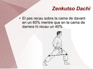 Zenkutso Dachi
● El pes recau sobre la cama de davant
en un 60% mentre que en la cama de
darrera hi recau un 40%
 