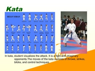 Kata
In kata, student visualizes the attack. It is a fight with imaginary
opponents.The moves of the kata consists of throws, strikes,
bilcks, and control techniques.
 