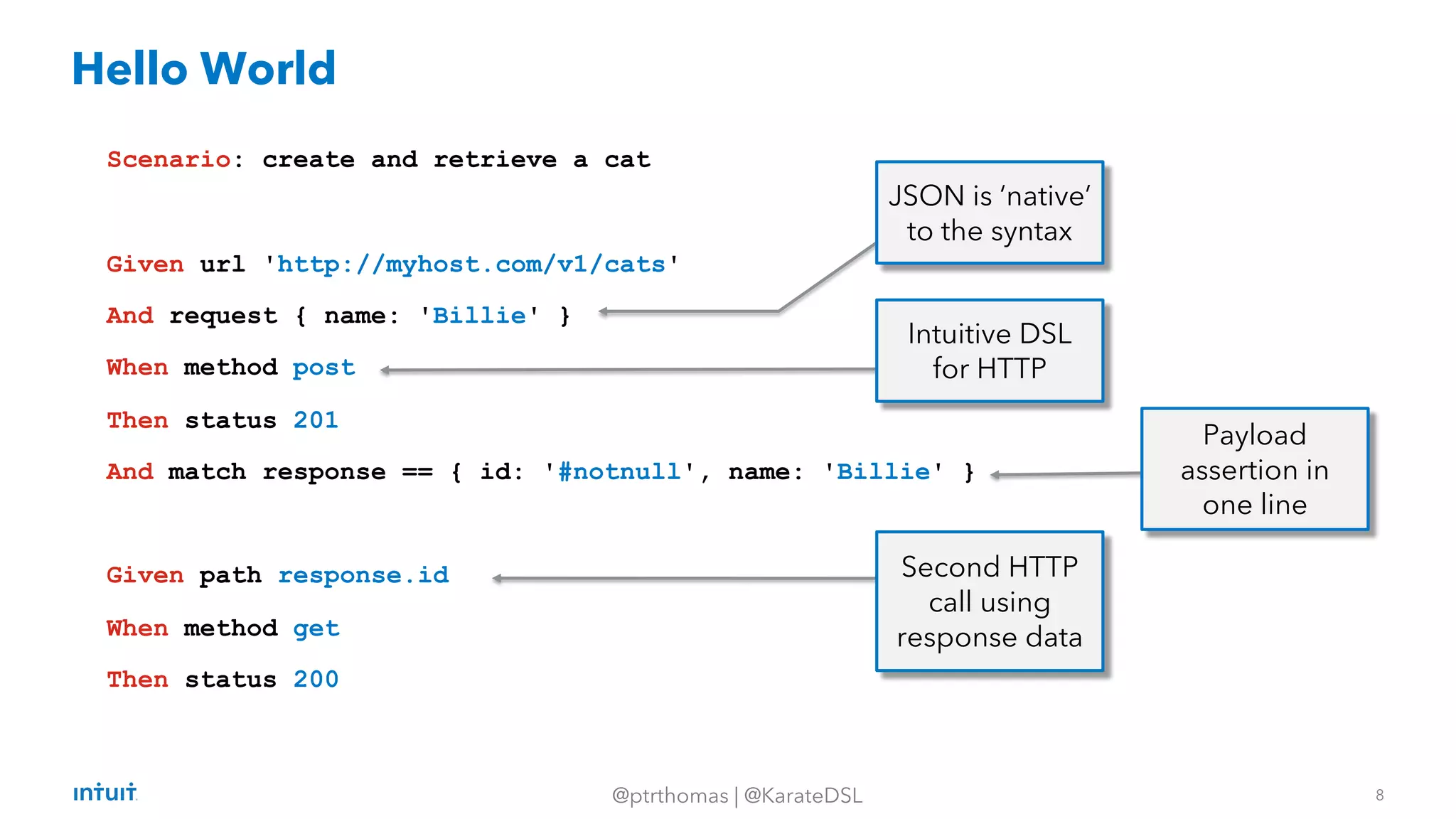 8
@ptrthomas | @KarateDSL
Scenario: create and retrieve a cat
Given url 'http://myhost.com/v1/cats'
And request { name: 'Billie' }
When method post
Then status 201
And match response == { id: '#notnull', name: 'Billie' }
Given path response.id
When method get
Then status 200
Hello World
Intuitive DSL
for HTTP
Payload
assertion in
one line
Second HTTP
call using
response data
JSON is ‘native’
to the syntax
 