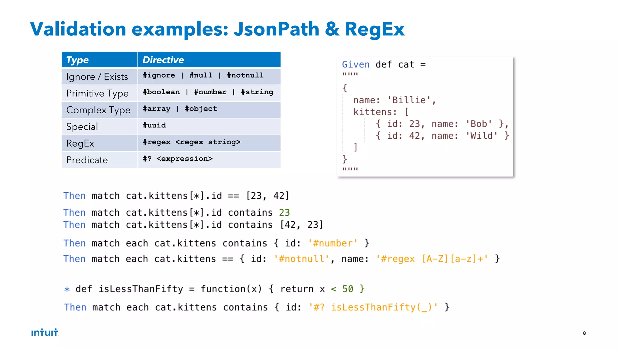 8
Validation examples: JsonPath & RegEx
Type Directive
Ignore / Exists #ignore | #null | #notnull
Primitive Type #boolean | #number | #string
Complex Type #array | #object
Special #uuid
RegEx #regex <regex string>
Predicate #? <expression>
 