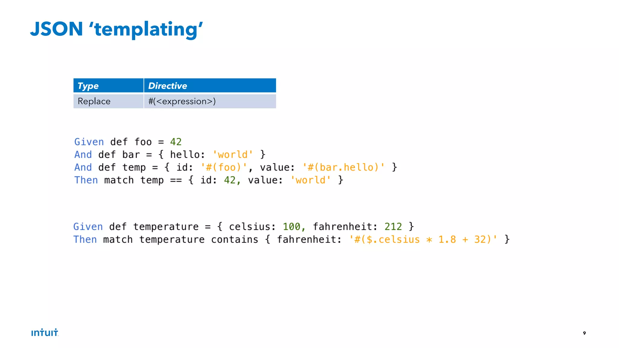 9
JSON ‘templating’
Type Directive
Replace #(<expression>)
 