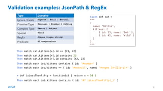 8
Validation examples: JsonPath & RegEx
Type Directive
Ignore / Exists #ignore | #null | #notnull
Primitive Type #boolean | #number | #string
Complex Type #array | #object
Special #uuid
RegEx #regex <regex string>
Predicate #? <expression>
 