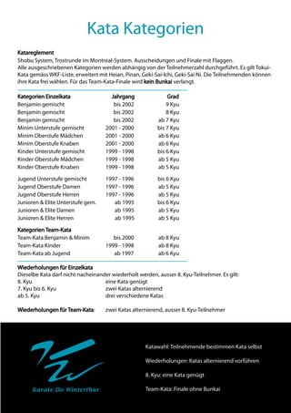 Kata Kategorien
Katareglement
Shobu System, Trostrunde im Montreal-System. Ausscheidungen und Finale mit Flaggen.
Alle ausgeschriebenen Kategorien werden abhängig von der Teilnehmerzahl durchgeführt. Es gilt Tokui-
Kata gemäss WKF-Liste, erweitert mit Heian, Pinan, Geki-Sai-Ichi, Geki-Sai Ni. Die Teilnehmenden können
ihre Kata frei wählen. Für das Team-Kata-Finale wird kein Bunkai verlangt.

Kategorien Einzelkata                 Jahrgang               Grad
Benjamin gemischt                      bis 2002              9 Kyu
Benjamin gemischt                      bis 2002              8 Kyu
Benjamin gemischt                      bis 2002          ab 7 Kyu
Minim Unterstufe gemischt           2001 - 2000          bis 7 Kyu
Minim Oberstufe Mädchen             2001 - 2000          ab 6 Kyu
Minim Oberstufe Knaben              2001 - 2000          ab 6 Kyu
Kinder Unterstufe gemischt          1999 - 1998          bis 6 Kyu
Kinder Oberstufe Mädchen            1999 - 1998          ab 5 Kyu
Kinder Oberstufe Knaben             1999 - 1998          ab 5 Kyu

Jugend Unterstufe gemischt          1997 - 1996          bis 6 Kyu
Jugend Oberstufe Damen              1997 - 1996          ab 5 Kyu
Jugend Oberstufe Herren             1997 - 1996          ab 5 Kyu
Junioren & Elite Unterstufe gem.       ab 1995           bis 6 Kyu
Junioren & Elite Damen                 ab 1995           ab 5 Kyu
Junioren & Elite Herren                ab 1995           ab 5 Kyu

Kategorien Team-Kata
Team-Kata Benjamin & Minim             bis 2000          ab 8 Kyu
Team-Kata Kinder                    1999 - 1998          ab 8 Kyu
Team-Kata ab Jugend                    ab 1997           ab 6 Kyu

Wiederholungen für Einzelkata
Dieselbe Kata darf nicht nacheinander wiederholt werden, ausser 8. Kyu-Teilnehmer. Es gilt:
8. Kyu                             eine Kata genügt
7. Kyu bis 6. Kyu                  zwei Katas alternierend
ab 5. Kyu                          drei verschiedene Katas

Wiederholungen für Team-Kata:       zwei Katas alternierend, ausser 8. Kyu-Teilnehmer




                                                    Katawahl: Teilnehmende bestimmen Kata selbst

                                                    Wiederholungen: Katas alternierend vorführen

                                                    8. Kyu: eine Kata genügt

      Karate-Do Winterthur                          Team-Kata: Finale ohne Bunkai
 