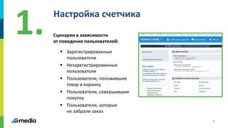 4
Настройка счетчика
Сценарии в зависимости
от поведения пользователей:
 Зарегистрированные
пользователи
 Незарегистрированные
пользователи
 Пользователи, положившие
товар в корзину
 Пользователи, совершившие
покупку
 Пользователи, которые
не забрали заказ
1.
 