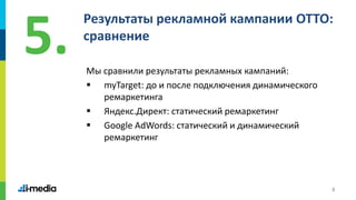 8
Результаты рекламной кампании OTTO:
сравнение
Мы сравнили результаты рекламных кампаний:
 myTarget: до и после подключения динамического
ремаркетинга
 Яндекс.Директ: статический ремаркетинг
 Google AdWords: статический и динамический
ремаркетинг
5.
 