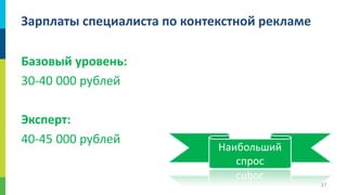 Зарплаты специалиста по контекстной рекламе
Базовый уровень:
30-40 000 рублей

Эксперт:
40-45 000 рублей

Наибольший
спрос
37

 