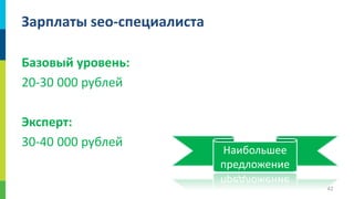 Зарплаты seo-специалиста
Базовый уровень:
20-30 000 рублей

Эксперт:
30-40 000 рублей

Наибольшее
предложение
42

 