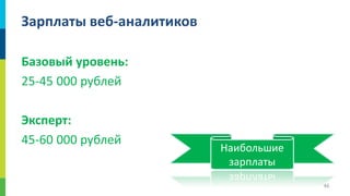 Зарплаты веб-аналитиков
Базовый уровень:
25-45 000 рублей

Эксперт:
45-60 000 рублей

Наибольшие
зарплаты
46

 