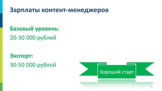 Зарплаты контент-менеджеров
Базовый уровень:
20-30 000 рублей

Эксперт:
30-50 000 рублей
Хороший старт
50

 