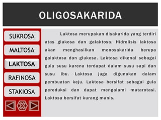 SUKROSA
MALTOSA
RAFINOSA
LAKTOSA
STAKIOSA
Laktosa merupakan disakarida yang terdiri
atas glukosa dan galaktosa. Hidrolisis laktosa
akan menghasilkan monosakarida berupa
galaktosa dan glukosa. Laktosa dikenal sebagai
gula susu karena terdapat dalam susu sapi dan
susu ibu. Laktosa juga digunakan dalam
pembuatan keju. Laktosa bersifat sebagai gula
pereduksi dan dapat mengalami mutarotasi.
Laktosa bersifat kurang manis.
OLIGOSAKARIDA
 