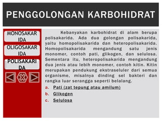 OLIGOSAKAR
IDA
POLISAKARI
DA
MONOSAKAR
IDA
Kebanyakan karbohidrat di alam berupa
polisakarida. Ada dua golongan polisakarida,
yaitu homopolisakarida dan heteropolisakarida.
Homopolisakarida mengandung satu jenis
monomer, contoh pati, glikogen, dan selulosa.
Sementara itu, heteropolisakarida mengandung
dua jenis atau lebih monomer, contoh kitin. Kitin
merupakan pendukung ekstraseluler dari semua
organisme, misalnya dinding sel bakteri dan
rangka luar serangga seperti belalang.
a. Pati (zat tepung atau amilum)
b. Glikogen
c. Selulosa
PENGGOLONGAN KARBOHIDRAT
 