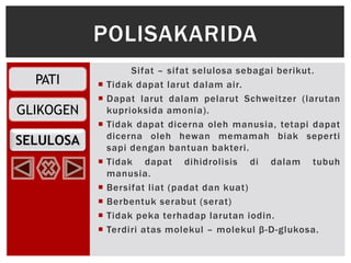 PATI
GLIKOGEN
SELULOSA
Sifat – sifat selulosa sebagai berikut.
 Tidak dapat larut dalam air.
 Dapat larut dalam pelarut Schweitzer (larutan
kuprioksida amonia).
 Tidak dapat dicerna oleh manusia, tetapi dapat
dicerna oleh hewan memamah biak seperti
sapi dengan bantuan bakteri.
 Tidak dapat dihidrolisis di dalam tubuh
manusia.
 Bersifat liat (padat dan kuat)
 Berbentuk serabut (serat)
 Tidak peka terhadap larutan iodin.
 Terdiri atas molekul – molekul β-D-glukosa.
POLISAKARIDA
 