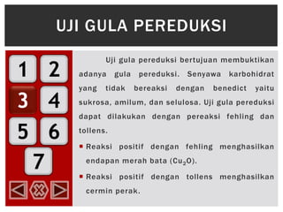 1
3
5
2
4
6
7
Uji gula pereduksi bertujuan membuktikan
adanya gula pereduksi. Senyawa karbohidrat
yang tidak bereaksi dengan benedict yaitu
sukrosa, amilum, dan selulosa. Uji gula pereduksi
dapat dilakukan dengan pereaksi fehling dan
tollens.
 Reaksi positif dengan fehling menghasilkan
endapan merah bata (Cu2O).
 Reaksi positif dengan tollens menghasilkan
cermin perak.
UJI GULA PEREDUKSI
 