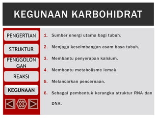 KEGUNAAN
PENGERTIAN
STRUKTUR
PENGGOLON
GAN
REAKSI
1. Sumber energi utama bagi tubuh.
2. Menjaga keseimbangan asam basa tubuh.
3. Membantu penyerapan kalsium.
4. Membantu metabolisme lemak.
5. Melancarkan pencernaan.
6. Sebagai pembentuk kerangka struktur RNA dan
DNA.
KEGUNAAN KARBOHIDRAT
 