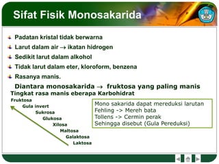 Padatan kristal tidak berwarna
Larut dalam air  ikatan hidrogen
Sedikit larut dalam alkohol
Tidak larut dalam eter, kloroform, benzena
Rasanya manis.
Diantara monosakarida  fruktosa yang paling manis
Tingkat rasa manis eberapa Karbohidrat
Fruktosa
Gula invert
Sukrosa
Glukosa
Xilosa
Maltosa
Galaktosa
Laktosa
Sifat Fisik Monosakarida
Mono sakarida dapat mereduksi larutan
Fehling -> Mereh bata
Tollens -> Cermin perak
Sehingga disebut (Gula Pereduksi)
 