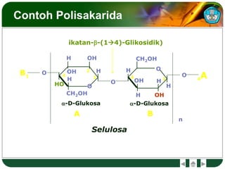 Contoh Polisakarida
OHO
H
O
H
CH2OH
H
OH
OH
OH
H
CH2OH
H
H
Selulosa
a-D-Glukosa a-D-Glukosa
n
ikatan-b-(14)-Glikosidik)
OH
OH
O
A
A
B
B O
1 4
2
1
4
4
1
 