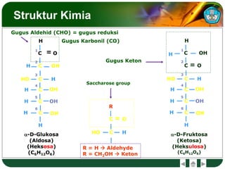 Struktur Kimia
C
OH
H
C
C
C
C
C
H
H
H
HO
OH
OH
H
H
O
H OH
=1
2
3
4
5
6
a-D-Glukosa
(Aldosa)
(Heksosa)
(C6H12O6)
Gugus Karbonil (CO)
Gugus Aldehid (CHO) = gugus reduksi
C
O
H
C
C
C
C
C
H
H
HO
OH
OH
H
H
OH
H OH
1
2
3
4
5
6
H
=
a-D-Fruktosa
(Ketosa)
(Heksulosa)
(C6H12O6)
Gugus Keton
R
O
H
C
CHO
=
R = H  Aldehyde
R = CH2OH  Keton
Saccharose group
 
