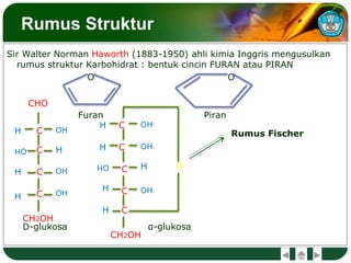 Rumus Struktur
Sir Walter Norman Haworth (1883-1950) ahli kimia Inggris mengusulkan
rumus struktur Karbohidrat : bentuk cincin FURAN atau PIRAN
O O
Furan Piran
Rumus Fischer
C
OHH
C
C
C
C
C
C
C
C
H
H
H
H
H
H
H
OH
OH
OH
OH
OH
O
CHO
CH2OH
CH2OH
OH
OH
H
D-glukosa α-glukosa
 