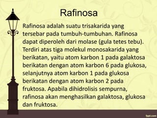 Rafinosa
Rafinosa adalah suatu trisakarida yang
tersebar pada tumbuh-tumbuhan. Rafinosa
dapat diperoleh dari molase (gula tetes tebu).
Terdiri atas tiga molekul monosakarida yang
berikatan, yaitu atom karbon 1 pada galaktosa
berikatan dengan atom karbon 6 pada glukosa,
selanjutnya atom karbon 1 pada glukosa
berikatan dengan atom karbon 2 pada
fruktosa. Apabila dihidrolisis sempurna,
rafinosa akan menghasilkan galaktosa, glukosa
dan fruktosa.

 