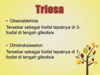 Triosa
• Gliseraldehida
Tersebar sebagai fosfat tepatnya di 3fosfat di tengah glikolisis

• Dihidroksiaseton
Tersebar sebagai fosfat tepatnya di 1fosfat di tengah glikolisis

 