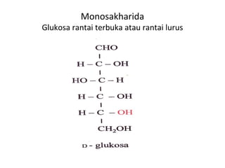 Monosakharida
Glukosa rantai terbuka atau rantai lurus
 