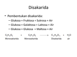 Disakarida
• Pembentukan disakarida:
– Glukosa + Fruktosa = Sukrosa + Air
– Glukosa + Galaktosa = Laktosa + Air
– Glukosa + Glukosa = Maltosa + Air
 