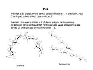 Pati
Polimer α-D-glukosa yang terikat dengan ikatan α-1, 4 glikosidik. Ada
2 jenis pati yaitu amilosa dan amilopektin
Amilosa merupakan rantai unit glukosa tunggal tanpa cabang,
sedangkan amilopektin adalah rantai glukosa yang bercabang pada
setiap 20 unit glukosa dengan ikatan α-1, 6.
Amilosa
Amilopektin
 