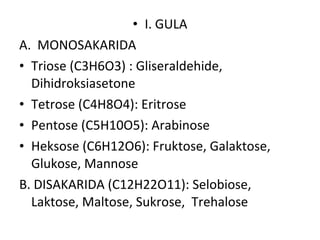 • I. GULA
A. MONOSAKARIDA
• Triose (C3H6O3) : Gliseraldehide,
Dihidroksiasetone
• Tetrose (C4H8O4): Eritrose
• Pentose (C5H10O5): Arabinose
• Heksose (C6H12O6): Fruktose, Galaktose,
Glukose, Mannose
B. DISAKARIDA (C12H22O11): Selobiose,
Laktose, Maltose, Sukrose, Trehalose
 