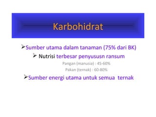 Karbohidrat
Sumber utama dalam tanaman (75% dari BK)
 Nutrisi terbesar penyususn ransum
Pangan (manusia) : 45-60%
Pakan (ternak) : 60-80%
Sumber energi utama untuk semua ternak
 